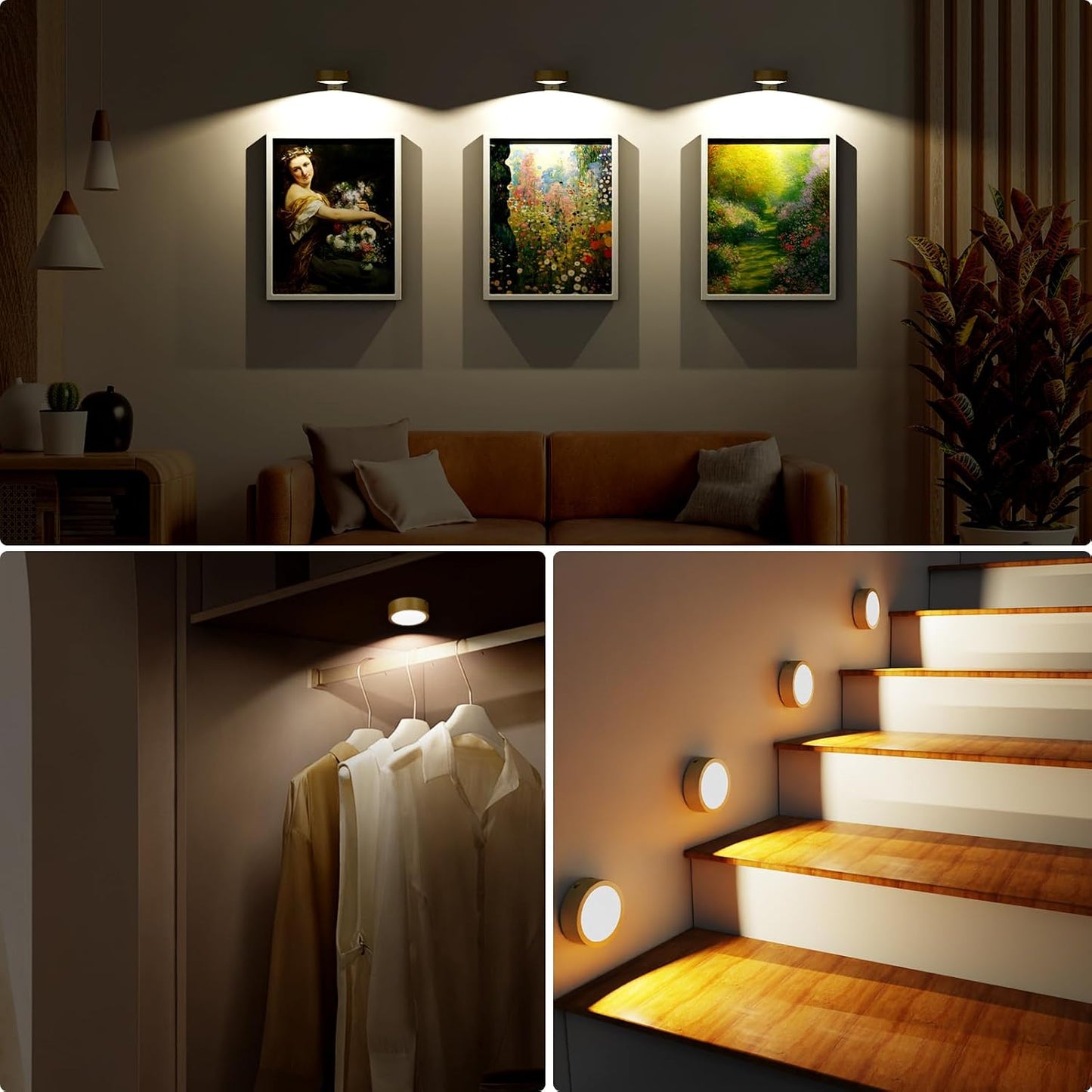 3 Pack Picture Lights for Wall, Rechargeable Battery Operated wall lights, Picture Frame lights with 3 Lighting Modes, Wireless Magnetic Painting Light with Remote Control Timer (White, 3 Pack)