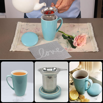 PorcelainTea Mug, 15oz Ceramic Tea Infuser Cup with Cooling Handle & Strainer, Microwave and Dishwasher safe Steeping Cup for Tea lovers, Christmas, Birthday and Mother’s Day (Turquoise)