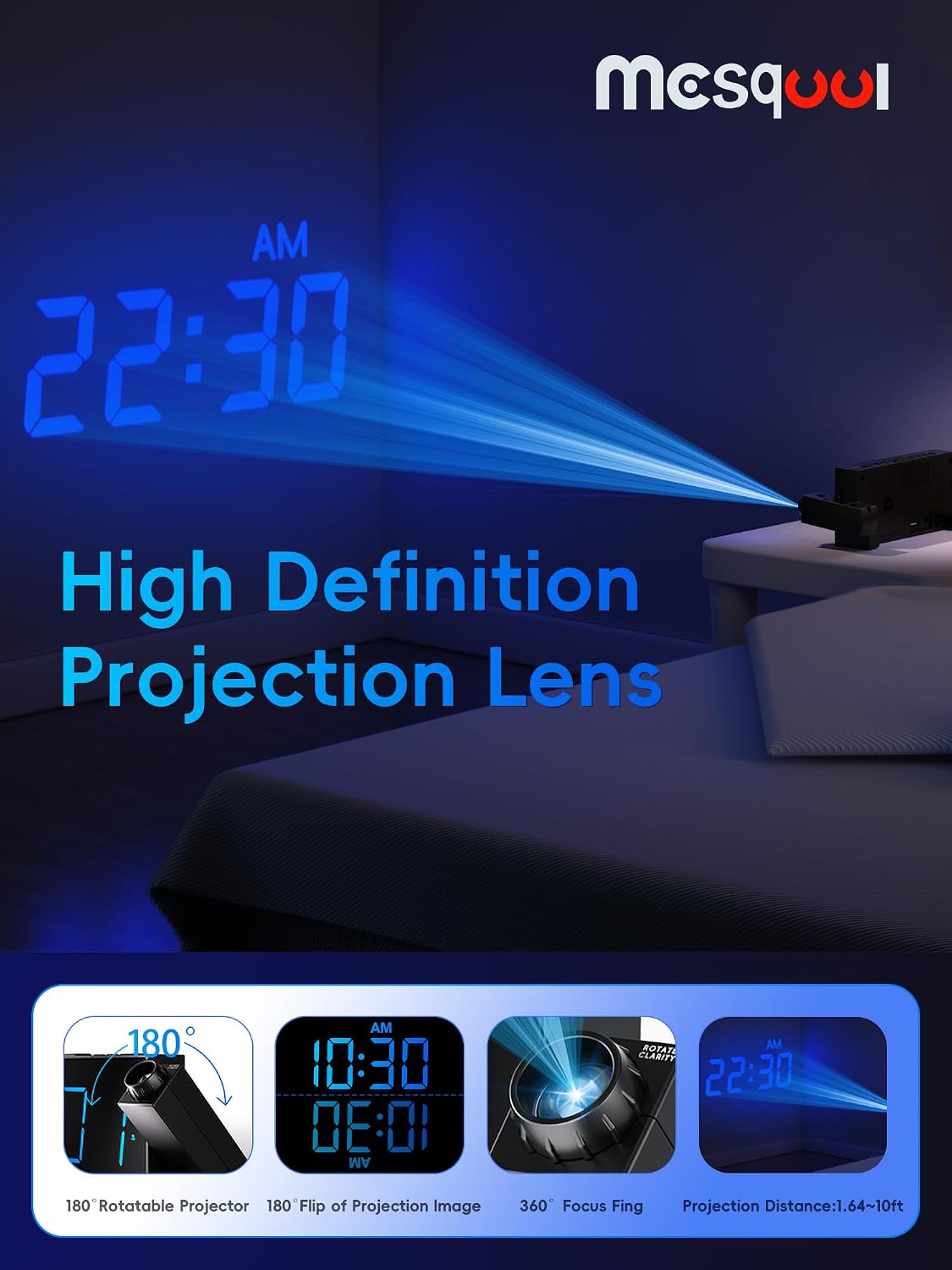 Mesqool Projection Alarm Clock with Bed Shaker, Dual Alarms