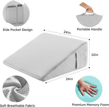 Bedluxe Wedge Pillow, 10 inch Bed Wedge Pillow for Headboard, Pillow Wedge for Acid Reflux Relief, Sleeping, Back Pain Relief, Snoring, Triangle Pillow Wedge, White/Grey