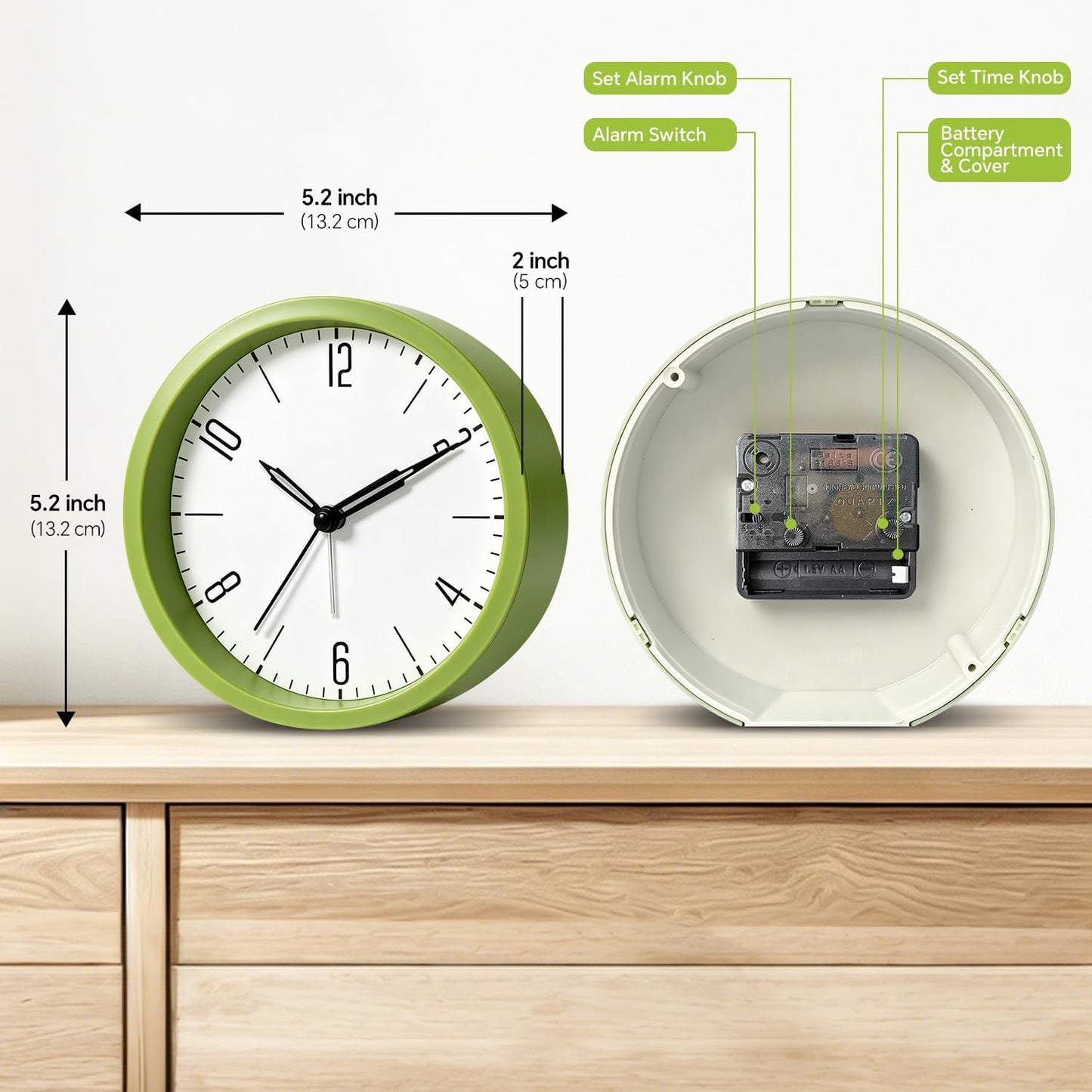 Silent Analog Loud Alarm Clock for Bedrooms, 4.5" Battery Operated Alarm Clock with Modern Round Design, Plastic Small Desk Clock for Heavy Sleepers Adults Teens Seniors College Dorms, Green