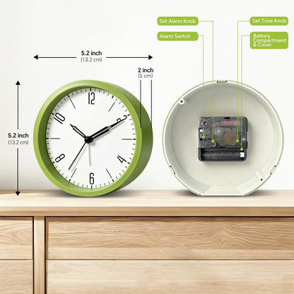 Silent Analog Loud Alarm Clock for Bedrooms, 4.5" Battery Operated Alarm Clock with Modern Round Design, Plastic Small Desk Clock for Heavy Sleepers Adults Teens Seniors College Dorms, Green