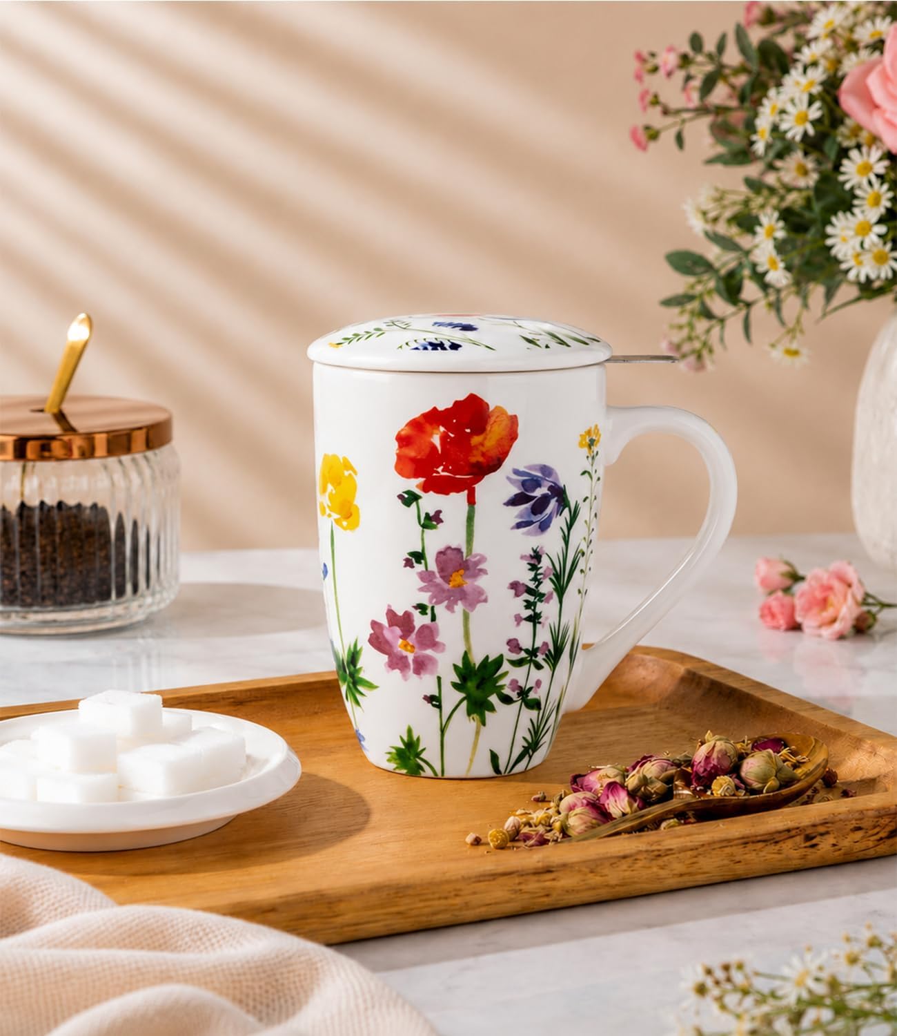 AmorArc Tea Cup With Infuser and Lid, 18oz Loose Leaf Tea Mug With Steeper | Porcelain Tea Mug With Infuser and Lid, Strainer Tea Cup for Tea Lovers, Home & Office, Housewarming Birthday Gift
