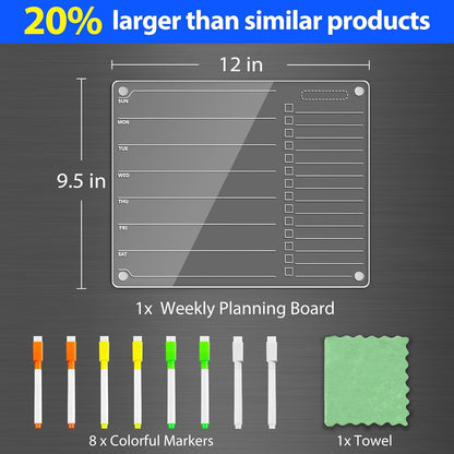 PigPotParty Acrylic Magnetic Chore Chart for Kids, 12x9.5 Inch, 2 Pack | Sleek Clear Acrylic Design, Reward System Builds Habits, Built-In Magnets Require No Installation, 8 Wet-Erase Markers