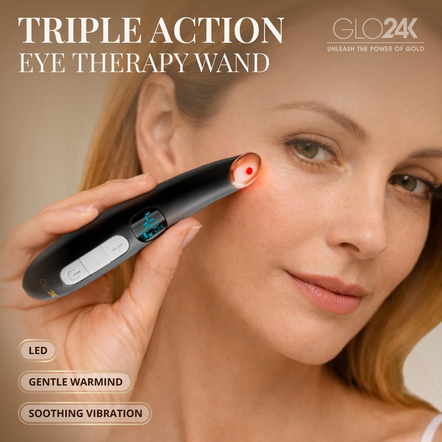 GLO24K Heated Eye Wand & Eye Massager Tool - Gentle Warmth & Vibration for Smoother-Looking Skin, Refreshing Under-Eyes Massage, Portable Beauty Device