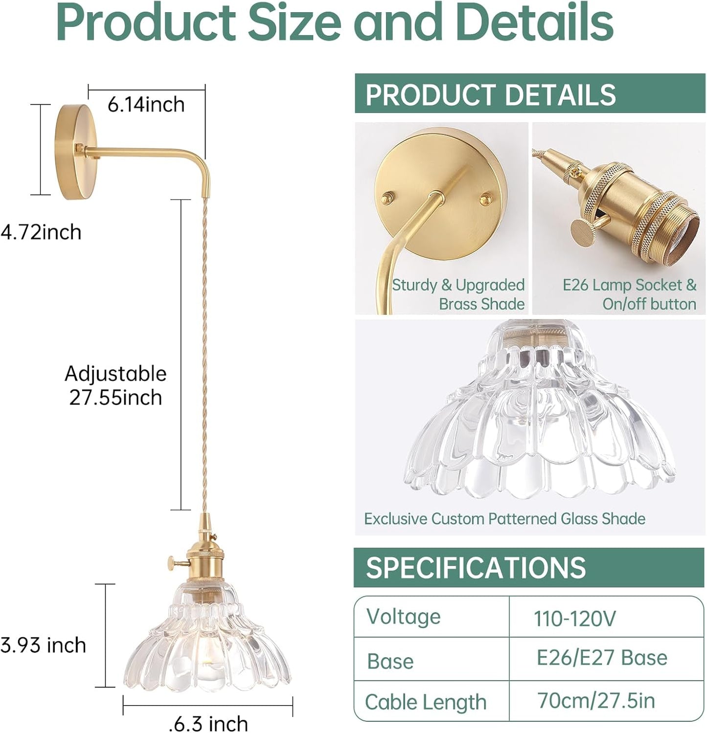 Shenmoyl Battery Operated Wall Sconce Wall Lamp with Green Lily of the Valley Shade Pattern Glass Adjustable Chain Retro Gold Wall Mounted Light, Modern Wall Lamp Fixtures Decor for Bedside Bedroom