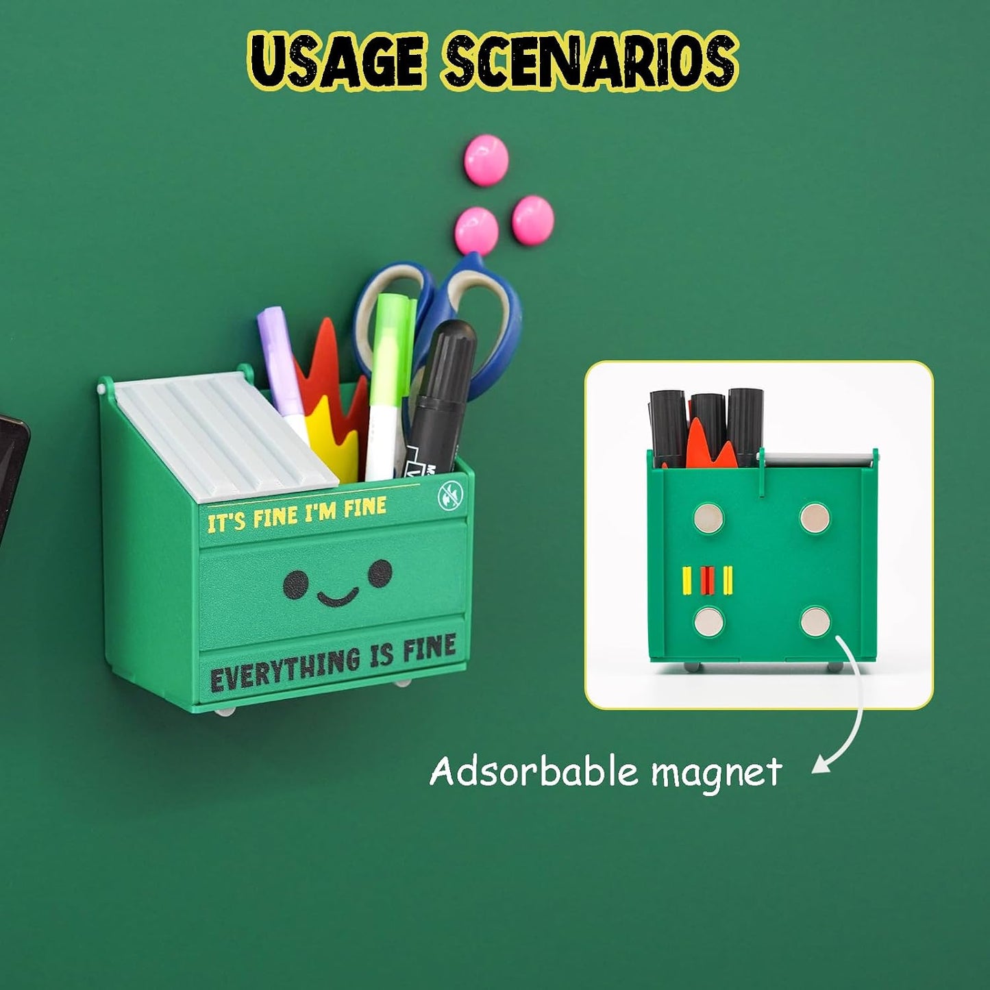 Tian Zhun Dumpster Fire Pencil Holder Funny Magnetic Pen Holder Strong Magnets to Store Marker Pencil Organizer for Refrigerator Whiteboard Locker Home Office or Hospital