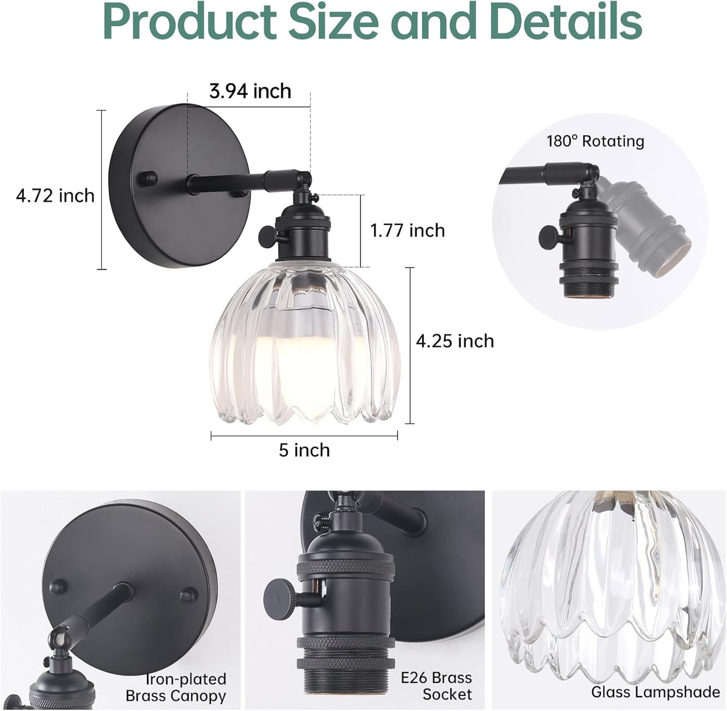 Shenmoyl Vintage Battery Operated Wall Sconce with Green Tulip Glass Lampshade Rechargeable Battery Powered Wall Light with Remote Control for Bedside Bedroom Doorway