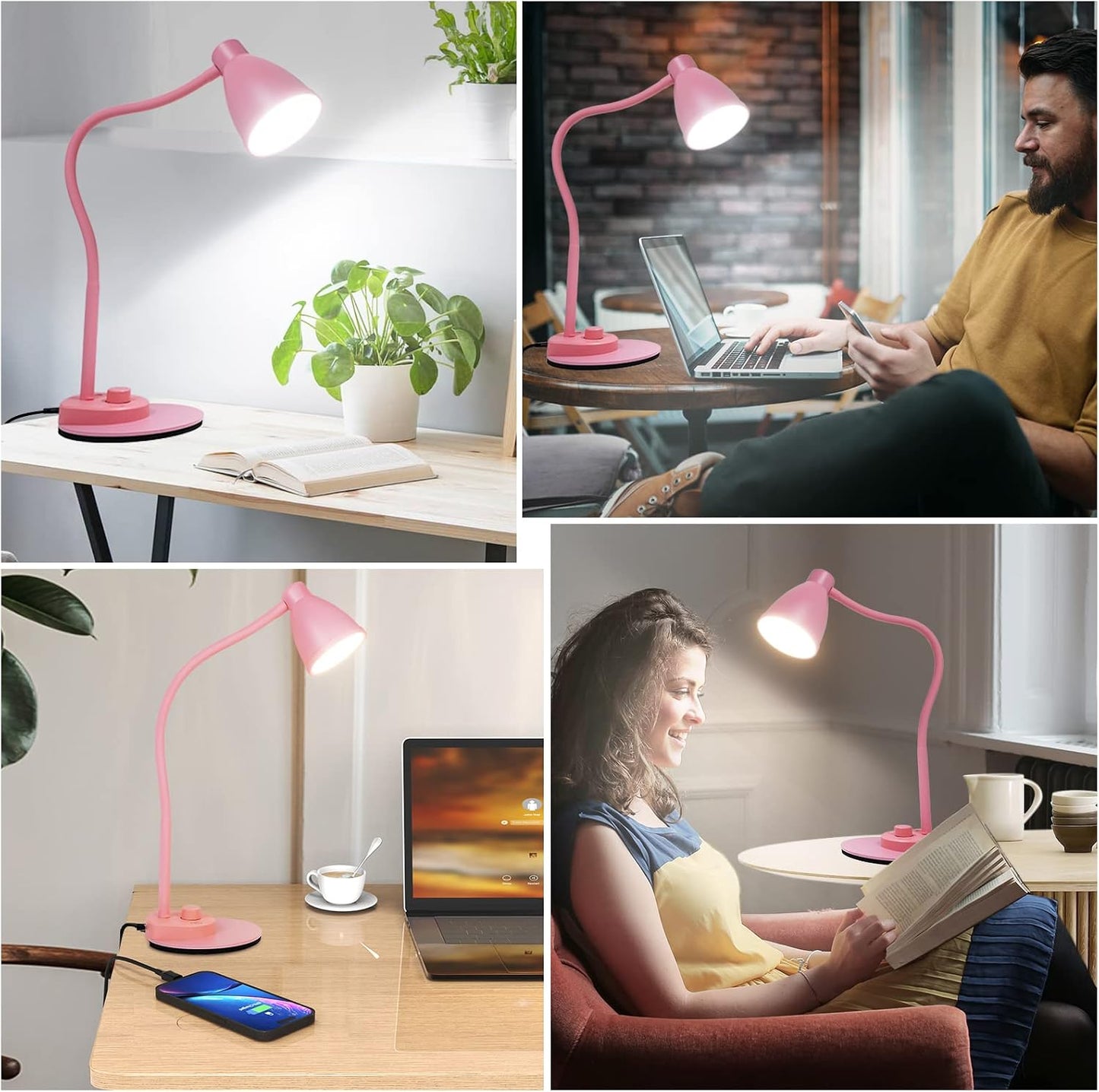 BOHON LED Desk Lamp with USB Charging Port 3 Color Modes Dimmable, Black | Reading Light Intelligent Induction Auto Dimming Task Lamp Neck Flexible Table Lamp for Bedside Office, AC Adapter Include