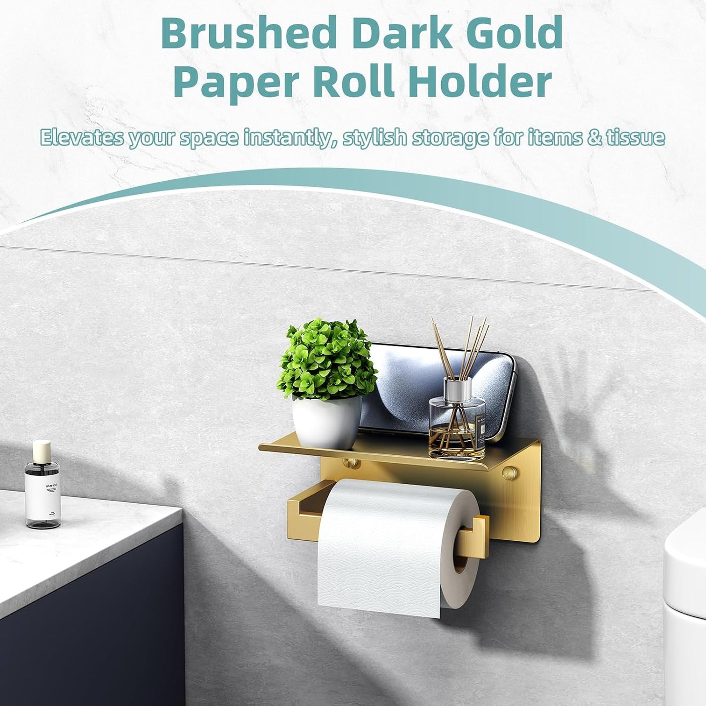 APLusee Matte Black Toilet Paper Holder with Storage Shelf, Wall Mounted | Rustproof 304 Stainless Steel, 2-in-1 Functional Toilet Paper and Phone Storage, Fits Bathroom, Restroom, Vanity, Kitchen