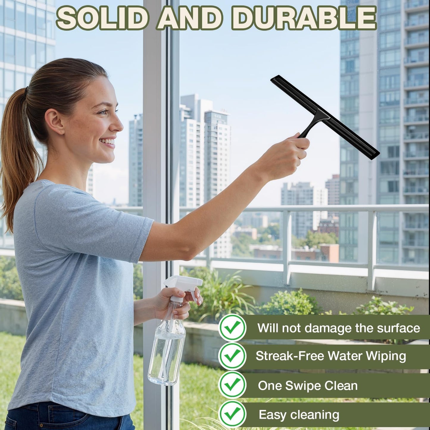 FARMER 10-Inch Shower Squeegee for Glass Doors, Windows and Mirrors, Black | Suction Wall Hook, Over-Door Hook, Non-Scratch Blade with Quiet Glide for Multi-Surface Cleaning on Glass, Tile and Mirrors