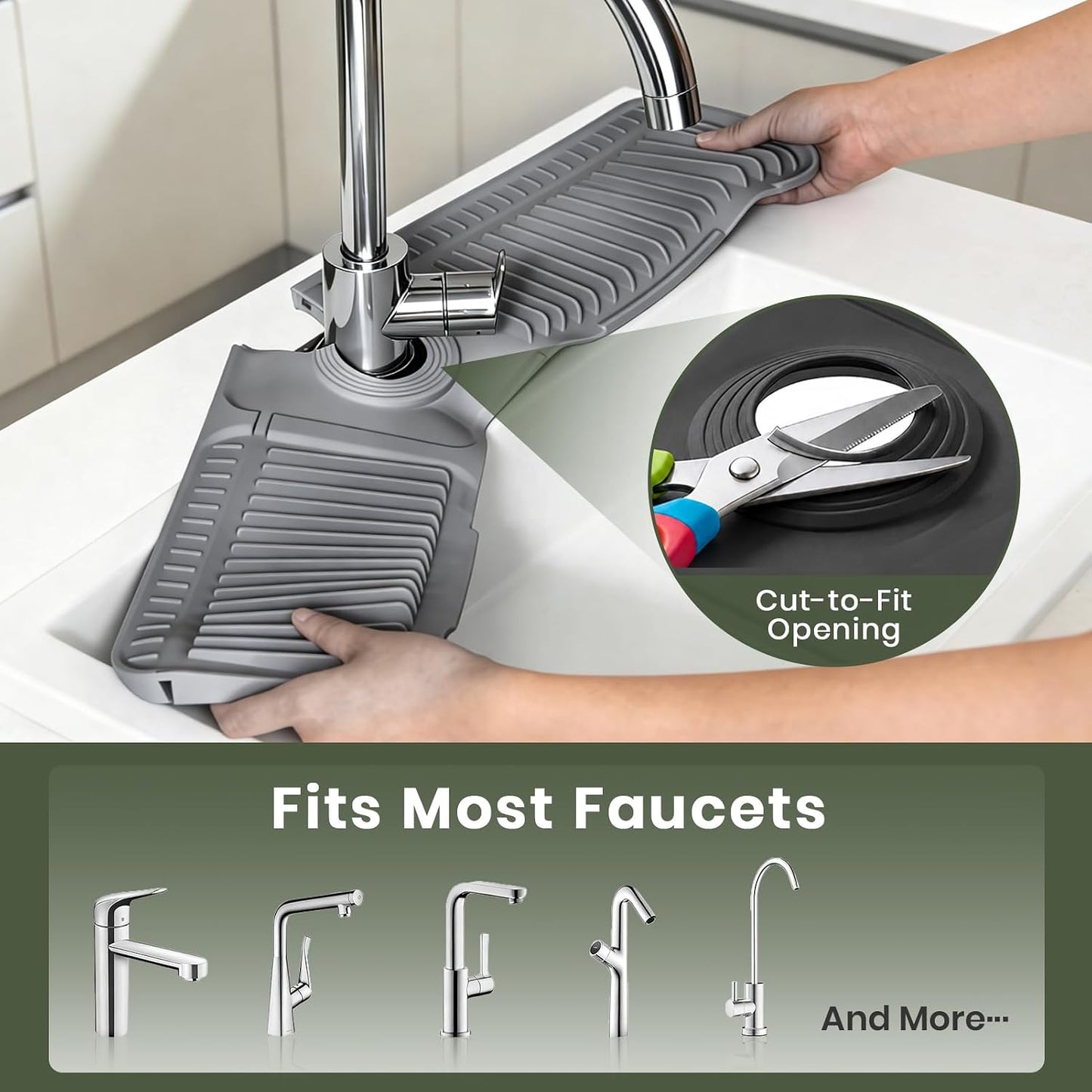 24 Inch Faucet Mat for Kitchen Sink, Silicone Splash Guard for Kitchen Sink Area, 7° Slope Fast Self-Draining Sink Mat, Cuttable Hole Design, Sink Backsplash Guard Draining Mat, Grey