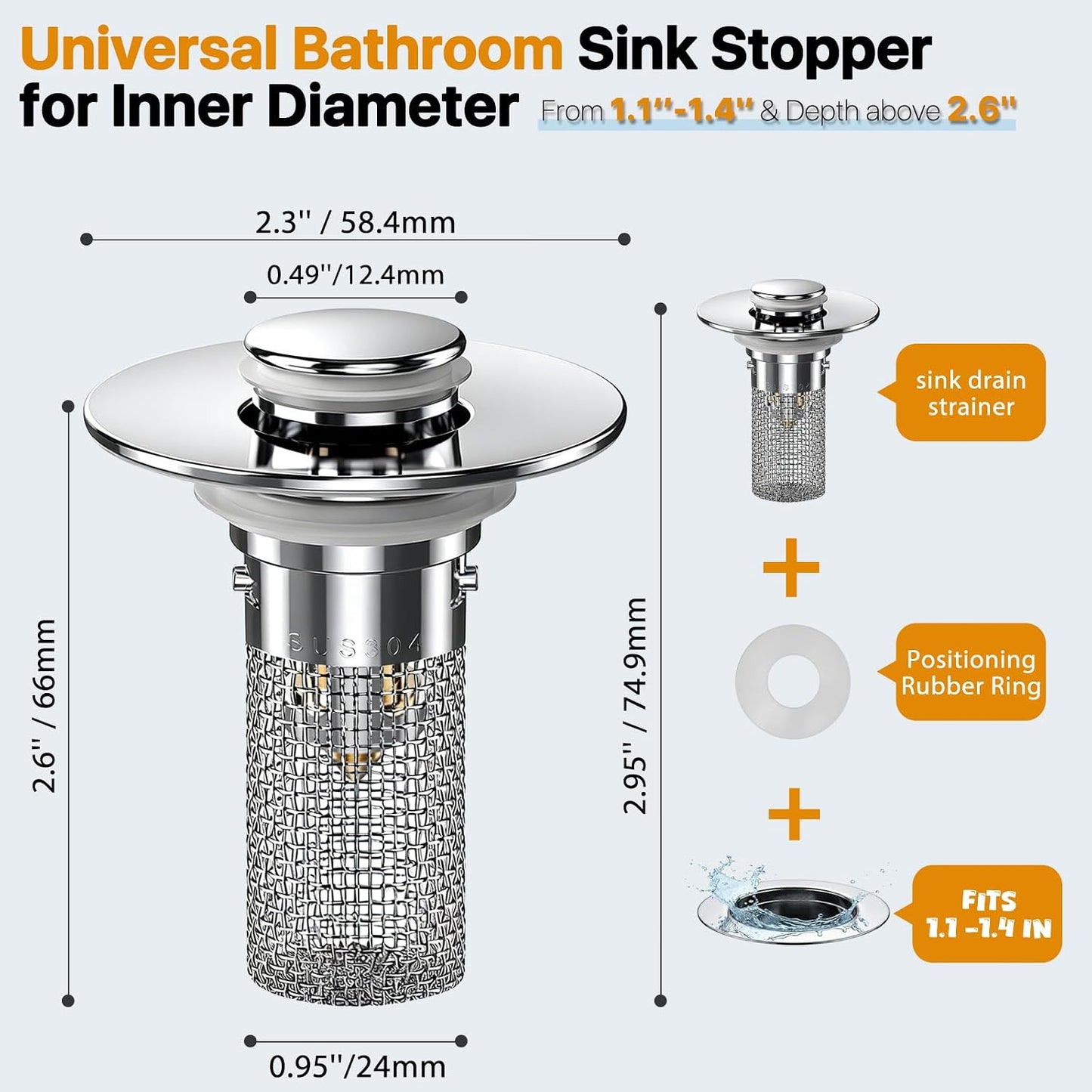 2PCS Bathroom Sink Stopper Hair Catcher, Pop Up Sink Drain Stopper with Strainer & Filter, Universal Drain Plug for Sink Drain & Replacement, Sink Drain Cover with Basket for Bathroom Stopper