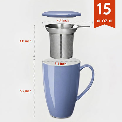 Sweese 15oz Porcelain Tea Mug with Infuser and Lid – Microwave Safe, Ergonomic Handle, Lead-Free Glaze, for Loose Leaf Tea