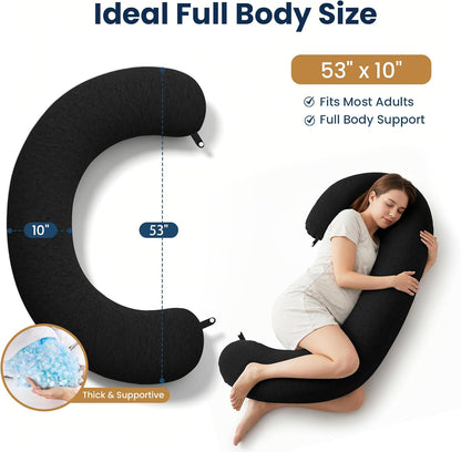 TranquilRelax C Shaped Body Pillow for Side Sleepers, Memory Foam Long Pillow for Leg, Hip & Back Support, Soft Washable Cover,Grey-47"*10"