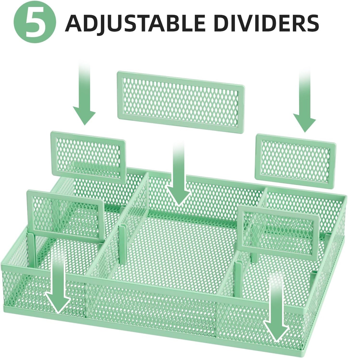Marbrasse 2 Pack Desk Drawer Organizer, Mesh Drawer Organizer Tray with 8 Adjustable Compartments, Desk Organizers and Accessories, 5 Dividers Drawer for Office Supplies, Makeup & Vanity (Black)