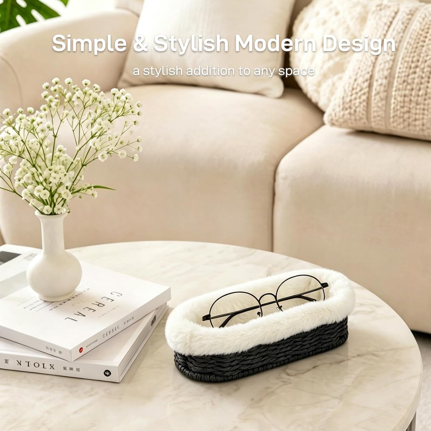 Glasses Holder, Paper Rope Plush Lined Eyeglass Holder Stand, Jewelry Key Tray Storage Organizer for Nightstand, Desk