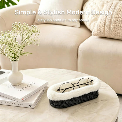 Glasses Holder, Paper Rope Plush Lined Eyeglass Holder Stand, Jewelry Key Tray Storage Organizer for Nightstand, Desk