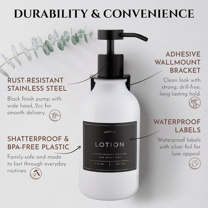 Shower Shampoo Dispenser Wall Mounted – 3 Refillable 16.9 oz Clear Bottles with Stainless Steel Pumps & No-Drill Adhesive Holders – Soap Dispenser Set for Bathroom (3 X Clear/Silver)