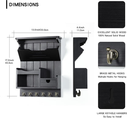 DOPACE Handcrafted Pine Wood Mail Organizer & Key Holder, Black | Hand-polished natural pine wood with storage drawer & 6 hooks, Fine spray paint finish, Easy wall mount