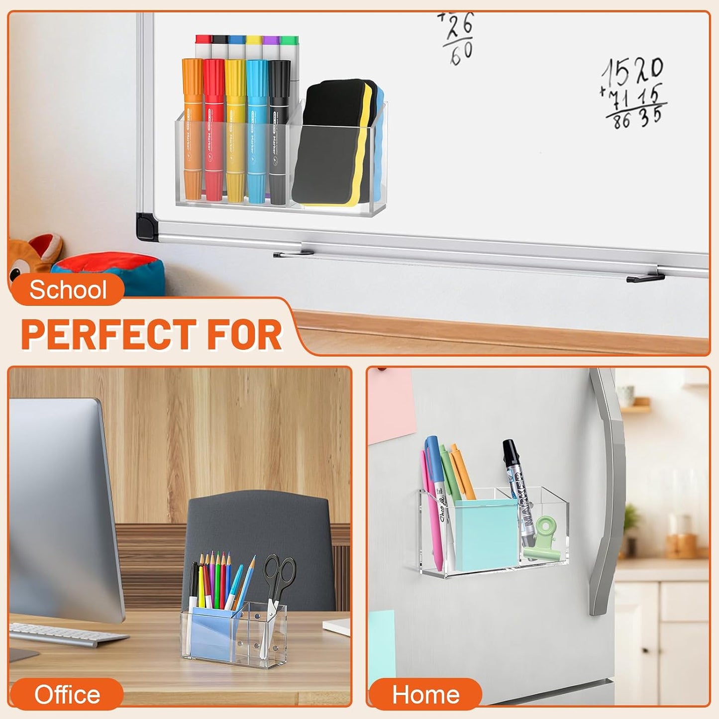 Magnetic Pen Holder for Dry Erase Markers, Strong Magnet, Clear | Sturdy Acrylic Construction, Strong Neodymium Magnet, Holds Multiple Pens and Markers, Fits Whiteboards and Refrigerators
