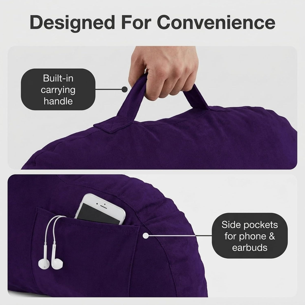 Deluxe Comfort Microsuede Bed Rest - Reading and Bedrest Lounger - Sitting Supprt Pillow - Soft But Firmly Stuffed Fiberfill - Backrest Pillow With Arms, Light Purple