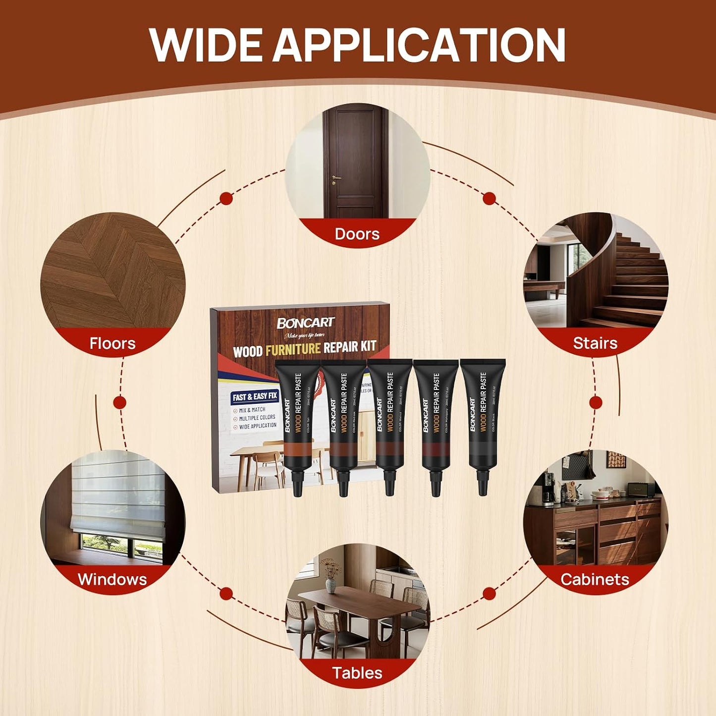 Boncart Wood Furniture Repair Kit, Wood Touch up Fillers | Repair Scratches, Cracks, Paint Chips, and Nail Holes on Furniture, Floors, Doors, Cabinets, and Tables (10 Colors)