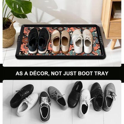 BEHERO Boot Tray Shoe Mat Decorative Patterned, Rubber Shoe Matt Tray Indoor/Outdoor Use, 16" x27.5" Shoe Cleaning Mat Non-Slip, Shoe Storage Waterproof Flower Prints for Entryway, Velvet Bloom
