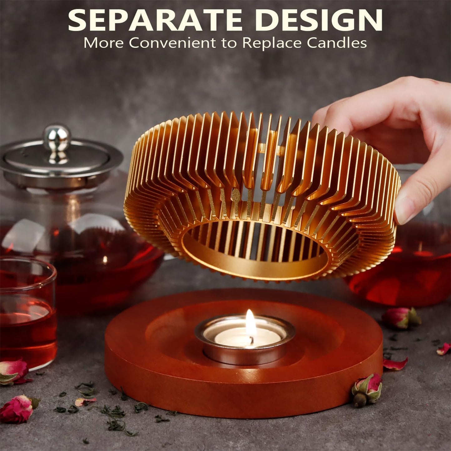 Teapot Warmer, Tea Warmer with Tealight Holder, Teapot Heater for Heating Tea, Coffee, Milk, Food, Aluminum Alloy, Rose Gold