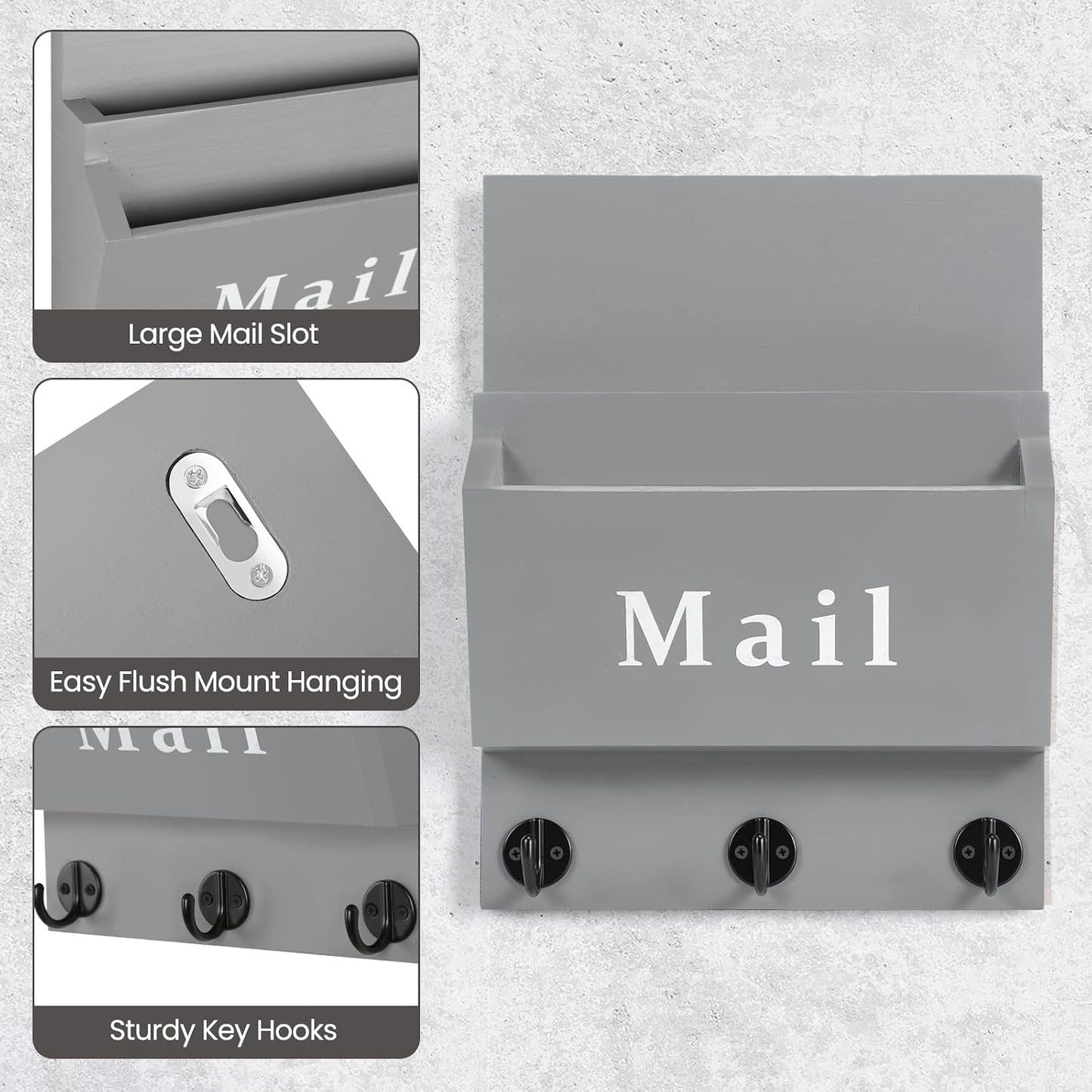 Mail and Key Holder, Wall Key Holder with 2 Mail Organizer Slot and 3 Hooks | Decorative 8.86" x 11.42" Mail Holder, Real Paulownia Wood with Keyhole Brackets, Hardware and Instructions