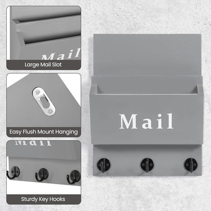 Mail and Key Holder, Wall Key Holder with 2 Mail Organizer Slot and 3 Hooks | Decorative 8.86" x 11.42" Mail Holder, Real Paulownia Wood with Keyhole Brackets, Hardware and Instructions