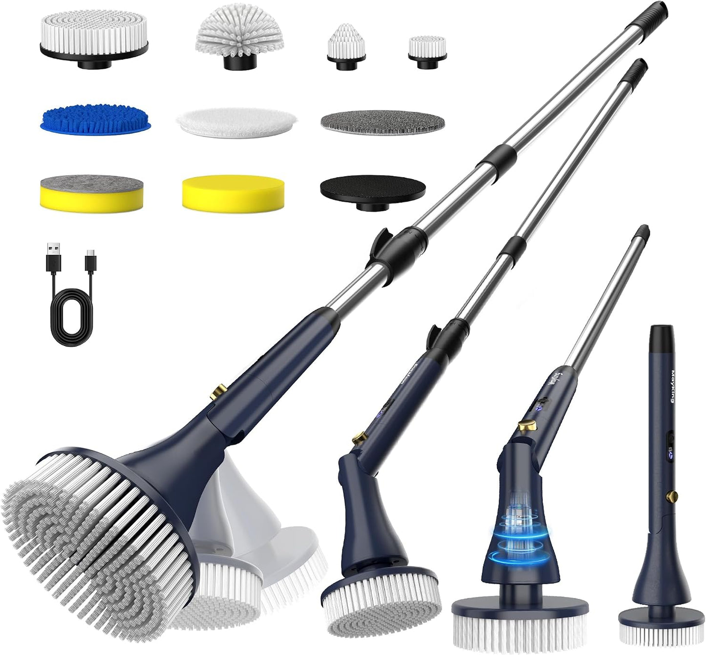 MayKing Electric Spin Scrubber with 9 Brush Heads, IPX7, Model Blue | 3-Angle & 4-Length Adjustable Cordless Power Scrubber, 3-Speed & Battery LED Display, for Bathroom, Tub, Floor & Tiles