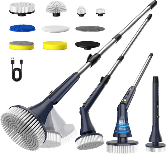 MayKing Electric Spin Scrubber with 9 Brush Heads, IPX7, Model Blue | 3-Angle & 4-Length Adjustable Cordless Power Scrubber, 3-Speed & Battery LED Display, for Bathroom, Tub, Floor & Tiles