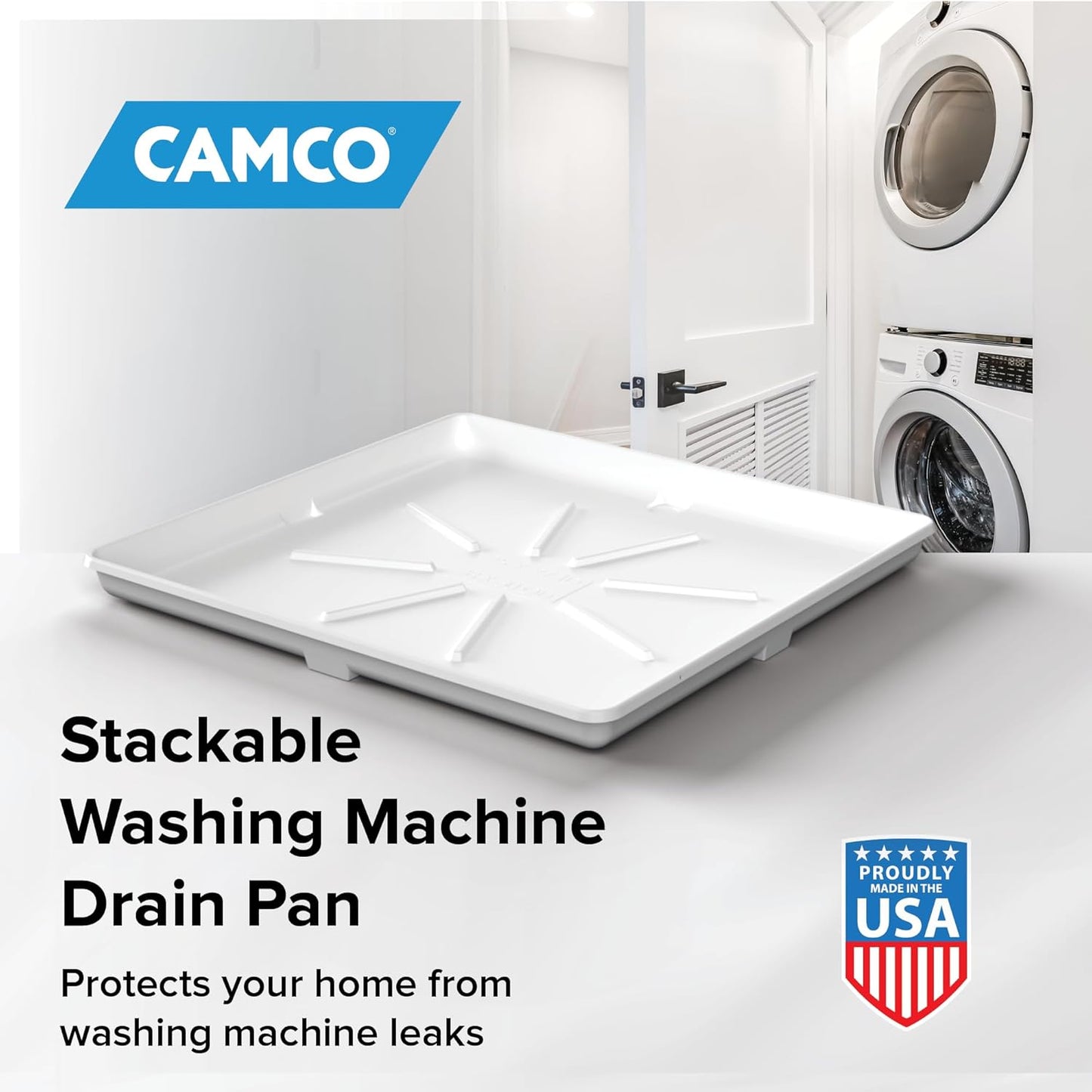 Camco Stackable Washing Machine Drain Pan - Measures 25″ (L) x 27″ (W) ID & 28″ (L) x 30″ (W) x 2 7/16″ (H) OD - Great for Apartment-Sized Washers/Stackable Units - 1"/1.5" PVC Drain Fitting (21006)