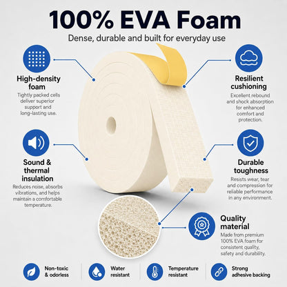 33FT EVA Foam Weather Stripping Door Seal, Self-Adhesive Weatherstrip AC Foam Tape for Door Frame, Window Gaps, Soundproof Insulation