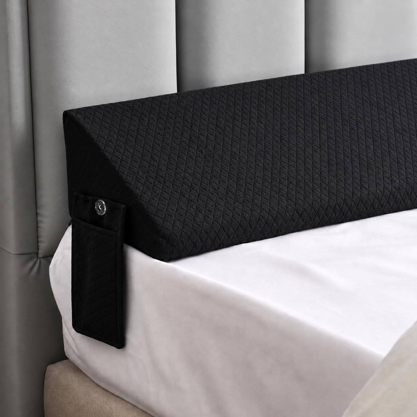King Size Bed Wedge Pillow for Headboard/Gap Filler Prevent Things Drop | Long Triangle Edge Corner Pillow for Bed Gap Filler King Couch Apartment Home Essentials, Dense Foam, Pockets,10x6x76in Black