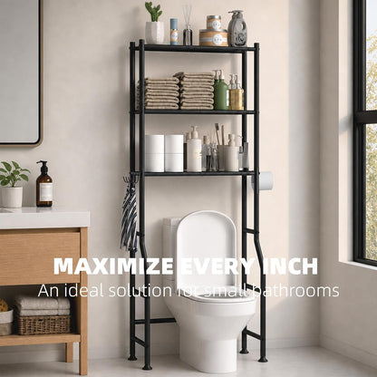 GloTika 3-Tier Over Toilet Storage, Anti-Tilt, 64" H, Black | Anti-Tilt Safety System, 150lb Capacity, Carbon Steel, Freestanding, No Drilling, Anti-Rust Coating, Paper Holder & 4 Hooks