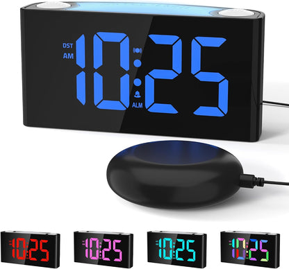 Mesqool Vibrating Alarm Clock with Bed Shaker for Heavy Sleepers | Powerful vibration and buzzer with 3 wake modes, RGB display, night light, dual USB charging, and battery backup