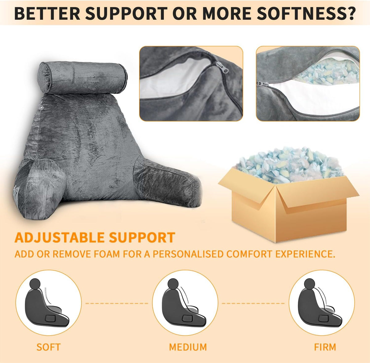 26" Reading Pillow for Sitting Up in Bed, Backrest with Arms