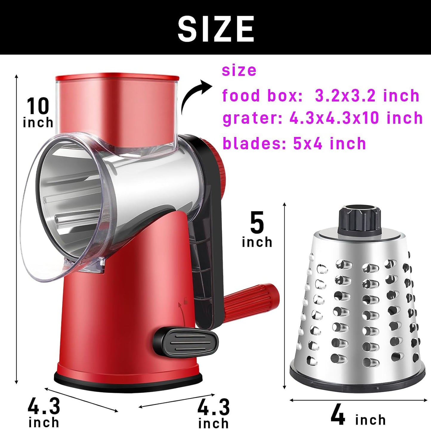 Weltonhm 4 in 1 Large Rotary Cheese Grater Hand Crank (black, 3 Graters) | Cheese Shredder Rotary and Slicer with 4 Stainless Steel Blades for Vegetables, Veggie and Cheese, Stronger Suction Base