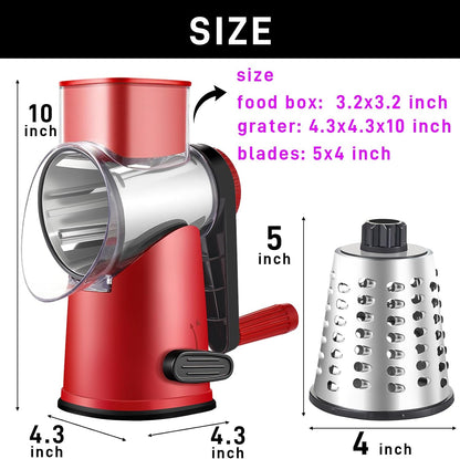Weltonhm 4 in 1 Large Rotary Cheese Grater Hand Crank (black, 3 Graters) | Cheese Shredder Rotary and Slicer with 4 Stainless Steel Blades for Vegetables, Veggie and Cheese, Stronger Suction Base