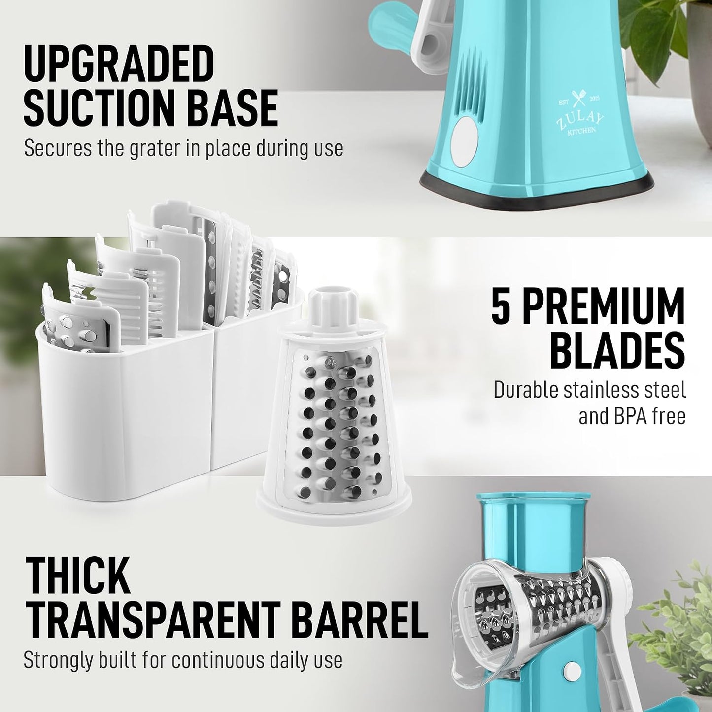 Zulay Kitchen Rotary Cheese Grater 5 Blade Cheese Shredder - Manual Hand Crank Cheese Grater With Reinforced Suction & 5 Interchangeable Drums - Easy to Use, Vegetable Chopper Round Mandoline Slicer - Colors B