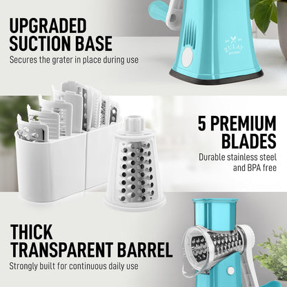 Zulay Kitchen Rotary Cheese Grater 5 Blade Cheese Shredder - Manual Hand Crank Cheese Grater With Reinforced Suction & 5 Interchangeable Drums - Easy to Use, Vegetable Chopper Round Mandoline Slicer - Colors B