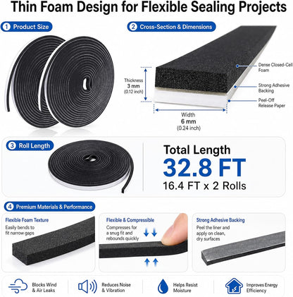 Weather Stripping Foam Tape 2 Rolls (1/2 in x 1/8 in x 16.4FT), Self Adhesive Door Seal for Small Gaps, Window Insulation, Draft Stopper Foam Strip Total 32.8 FT