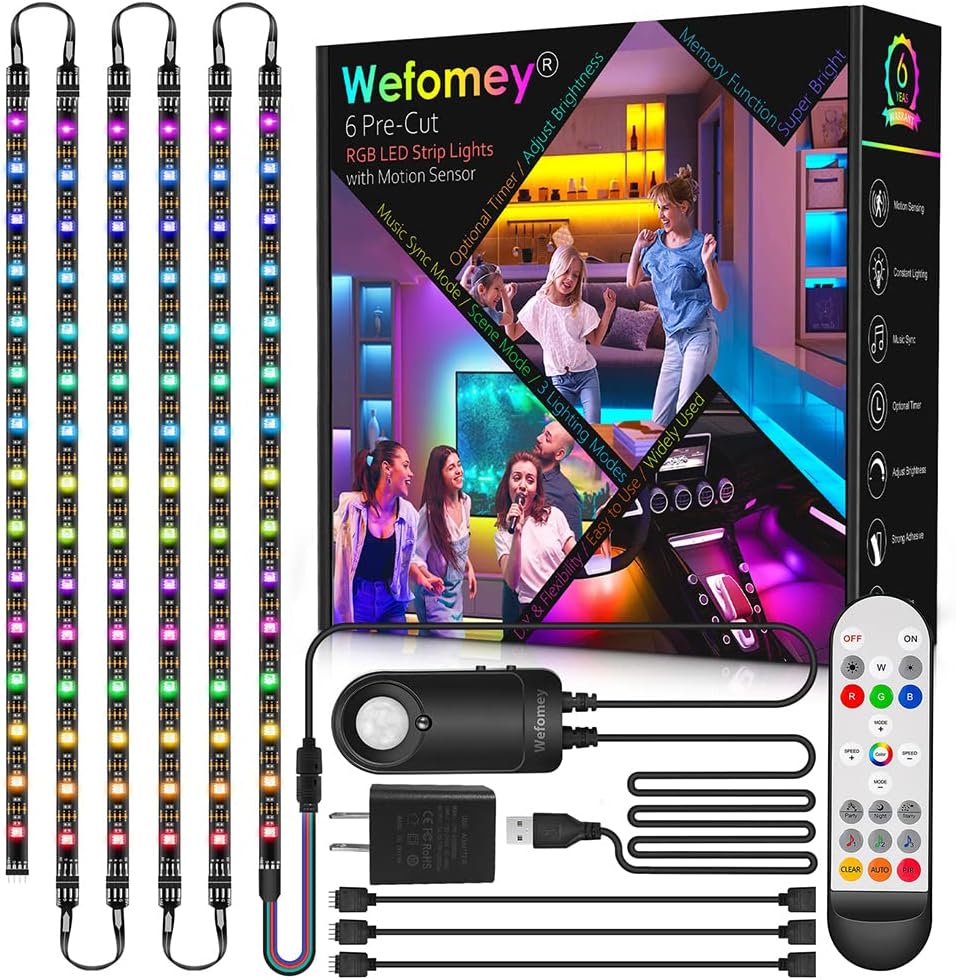 RGB Under Cabinet Lights with Motion Sensor, 6 Pre-Cut LED Strip Lights with Remote Control, Music Sync Color Changing Closet Lights, for Kitchen, Counter, Shelf, TV Backlight, Bookcase, 9.8ft