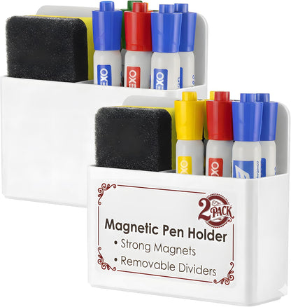 2 Pack Magnetic Pen Holder for Refrigerator & Whiteboard, Full-Back Magnet Dry Erase Marker Holder with Adjustable Divider, Magnetic Marker Holder for White Board Office Desk Locker Accessories, Black