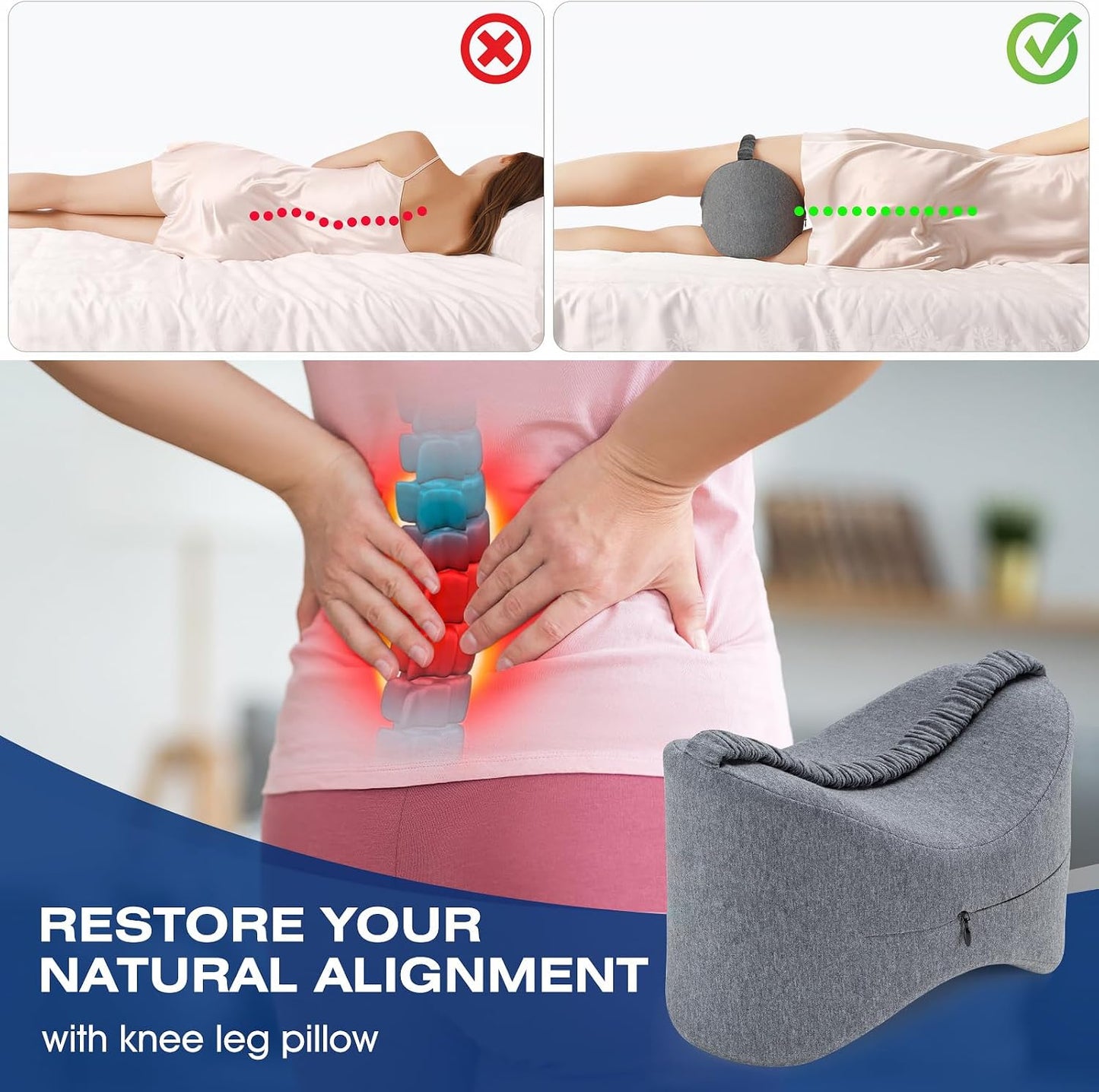 Knee Leg Pillow for Side Sleepers Leg Pillow for Side Sleeping with Strap-100% Memory Foam Wedge Contour Spacer Cushion for Back,Hip Knee Pregnancy Sciatica Pain Relief Free Sleep Mask Ear Plugs Grey
