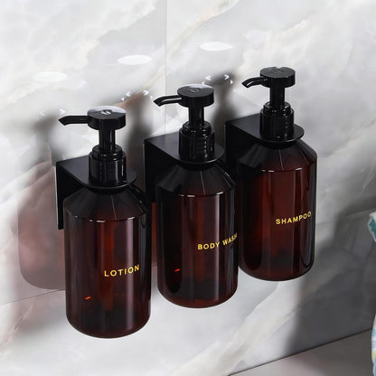 Wall Mounted Shampoo Dispenser for Shower, 3 Chamber 16.9 fl oz Each, 4CC Pump Soap Dispenser for Bathroom, Glossy Black Shampoo and Conditioner Dispenser with Crystal Labels (Brown)