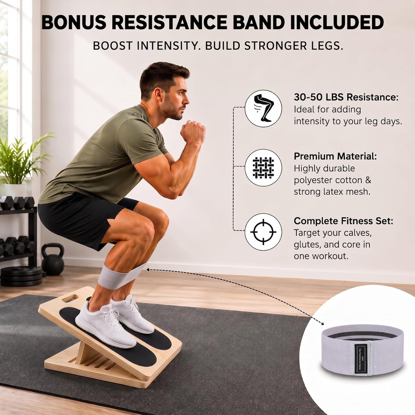 3-in-1 Adjustable Slant Board & 180°/360° Balance Board - Wooden Calf Stretcher and Squat Wedge - 5 Angle Incline Board for Stretching Equipment & Exercise - Includes Resistance Band - (400LBS)