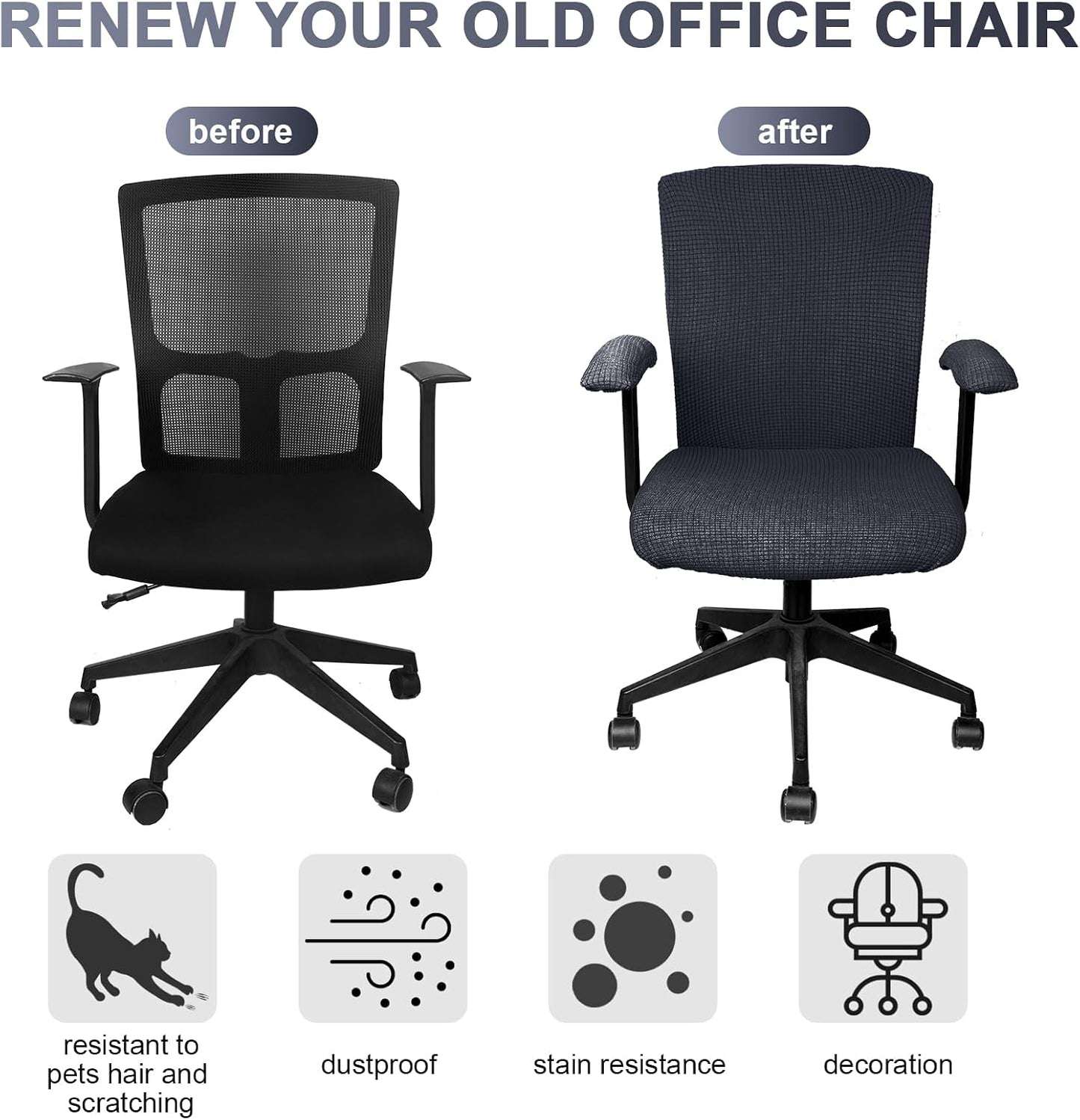 Tallew 4 Pcs Office Chair Covers Set Computer Universal Protective Stretchable Chair Seat Covers Desk Armrest Slipcovers Pads Office Cushion Backrest for Rotating (XL,Silver Gray)